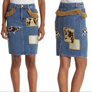 Jeremy Scott Patched Fringe Trim Denim Skirt